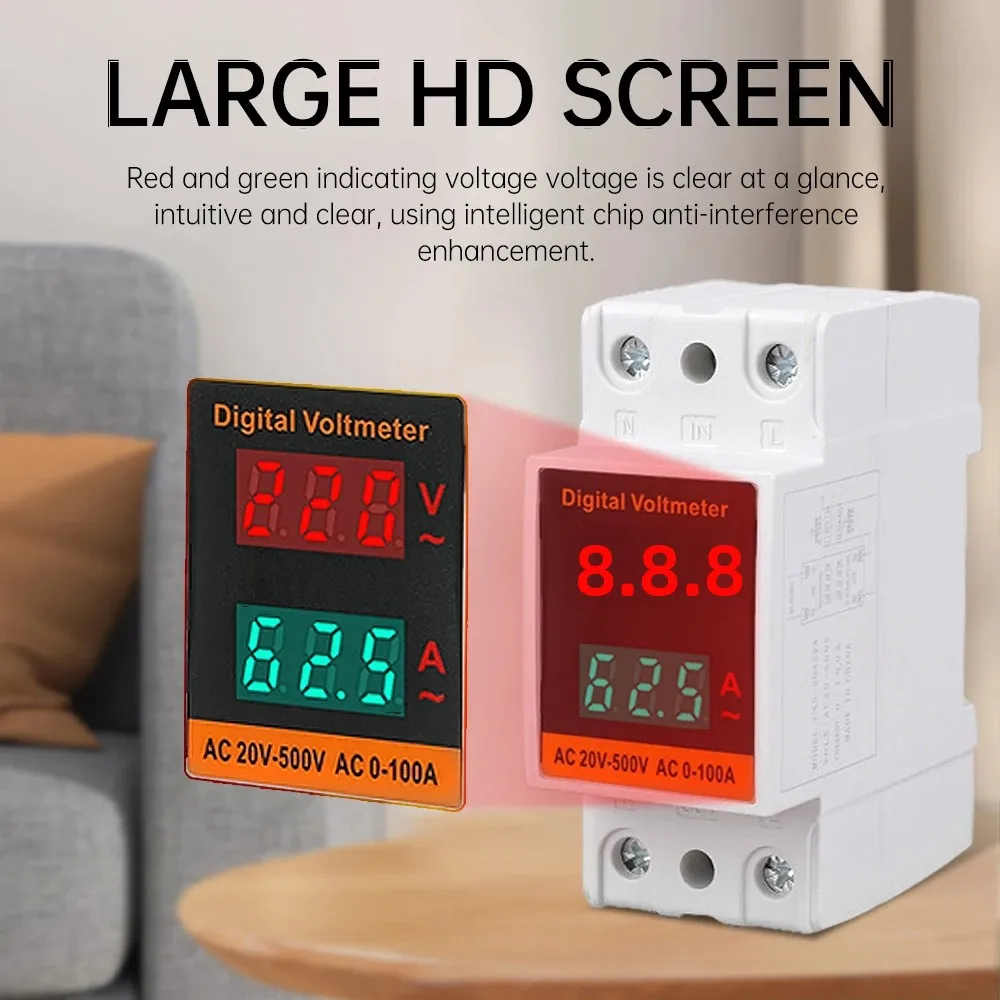 AC 20-500V 100A Din Rail Voltmeter Dual Digital Display Ammeter Voltage Tester Electricity Meter Volt Amp Monitor Energy Meter