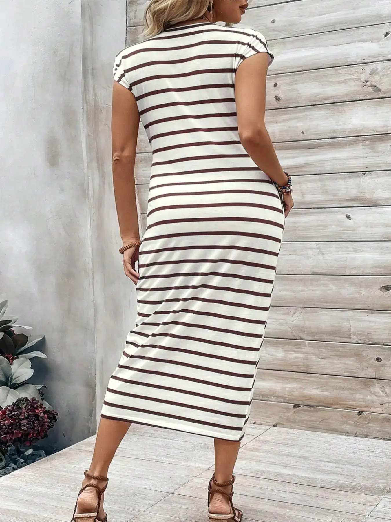 Gaun Lengan Sayap Kelelawar Depan Simpul Cetak Bergaris Ukuran Besar, Gaun Panjang Leher Bulat Lengan Pendek Kasual untuk Musim Panas, Pakaian Plus Wanita