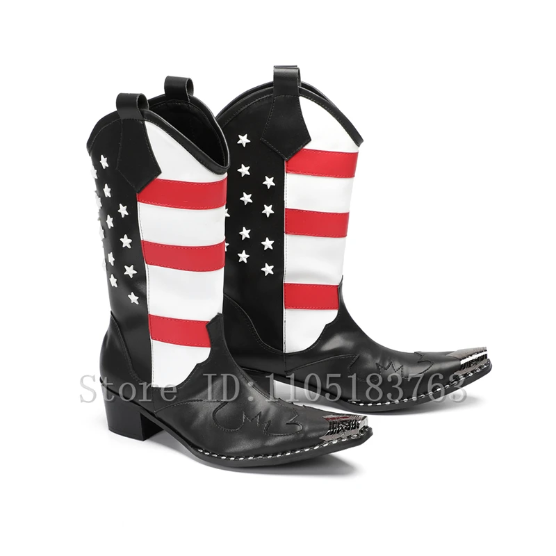 

Red White Stripe Stars Patchwork Men Cowboy Boots Large Size Genuine Leather Handmade Slip On Mid Calf Knight Boots