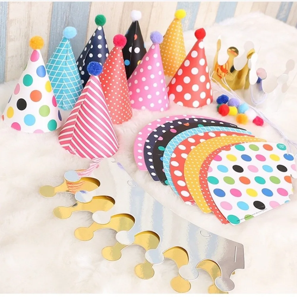 

Pet Hats Polka Dot Birthday Party Hats Colorful Paper Birthday Hat Set DIY Handmade with Pom Poms Party Cone Hats Boy Girl Gifts