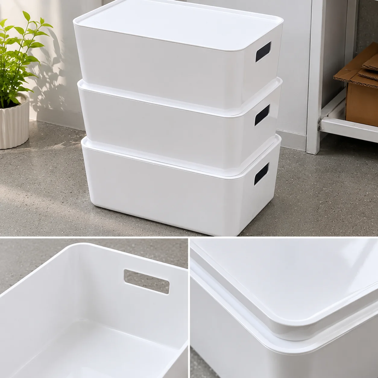 Stackable White Plastic Storage Bins with Removable Lids and Built-In Cutout Side Handles, Smooth Rounded Corner Dustproof Organizer Boxes for Bedroom Closets, Kitchen Cabinets and Bathroom Vanities - view 6