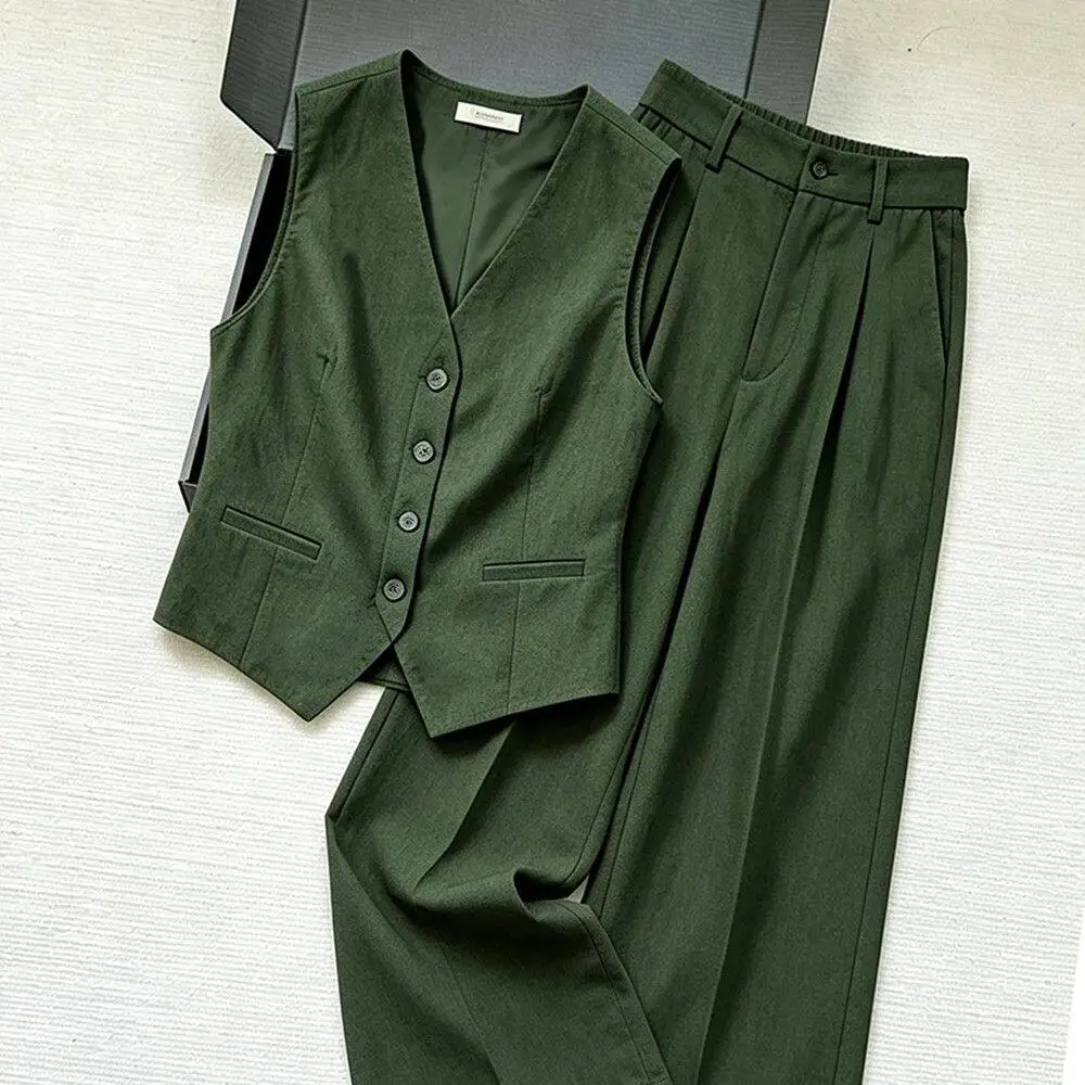 Retro Fashion Suit Set Women's Summer New High-End Sensation Simple Sleeveless Outerwear Vest Jacket Wide Leg Pants Two