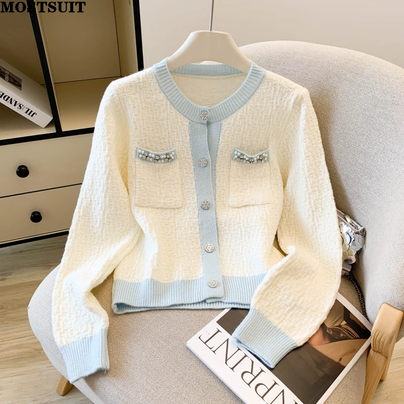 

Женский кардиган с бриллиантами и бисером, весна 2026, однобортный трикотаж с длинными рукавами, топы, элегантные стильные шикарные женские джемперы