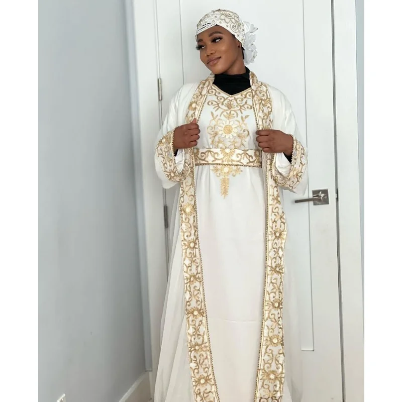 White Blue Kaftans Farasha Abaya Dress In Dubai Morocco Very Fancy Long Dress European and American Fashion Trend