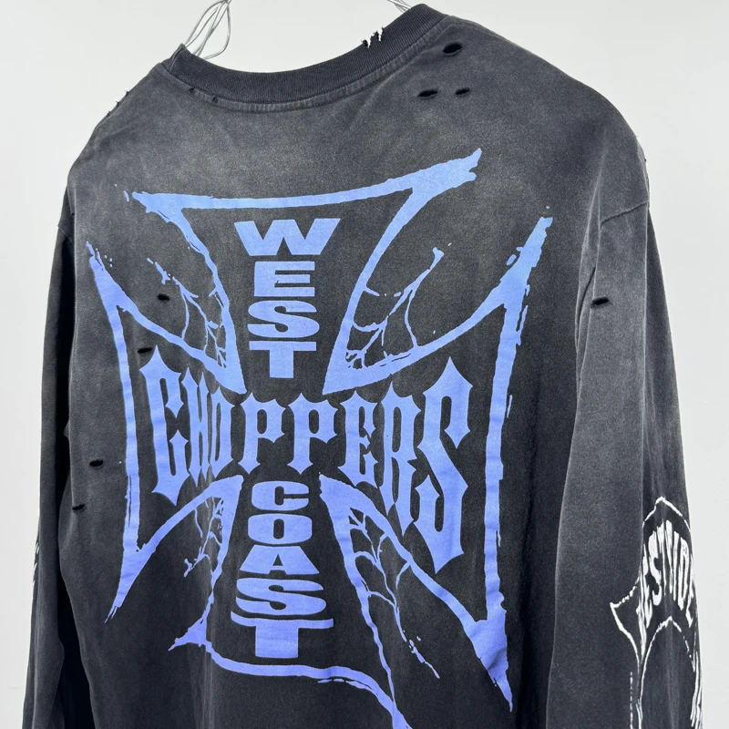 

Autumn Hip-hop Casual West Coast Choppers Long Sleeve Tee Gradient Do Old High Quality Damaged Clothes West Coast T-shirts