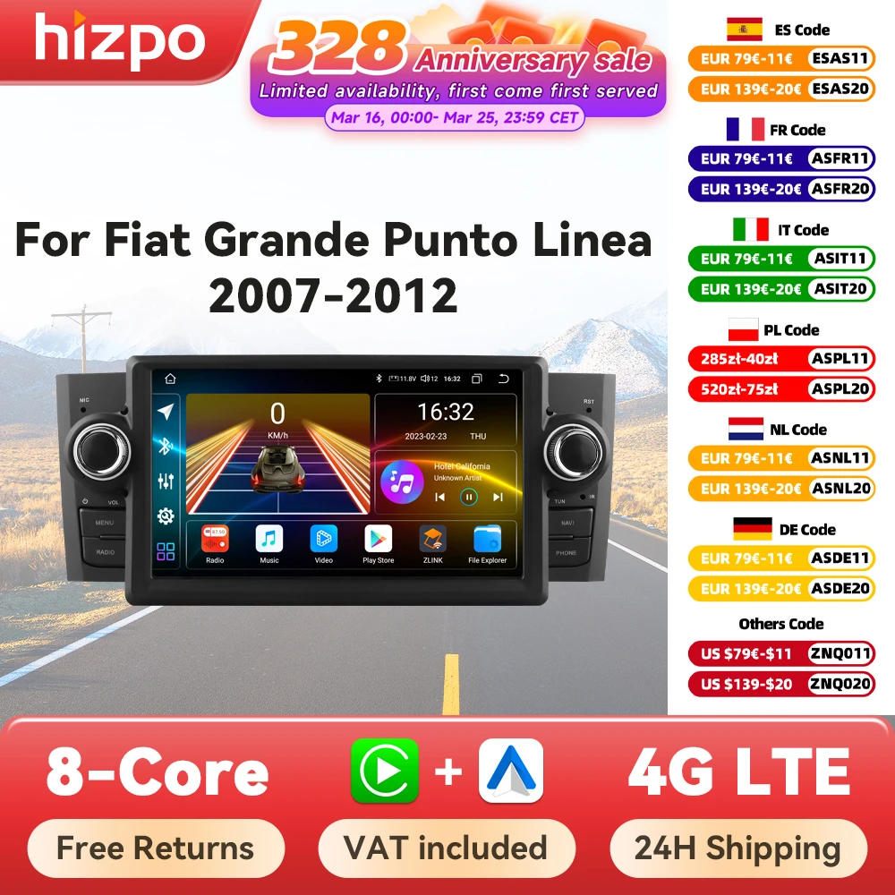 Hizpo Octa Core 7862 autoradio pour FIAT Grande Punto Linea 2007-2012 Navigation multimédia stéréo système Intelligent GPS Carplay