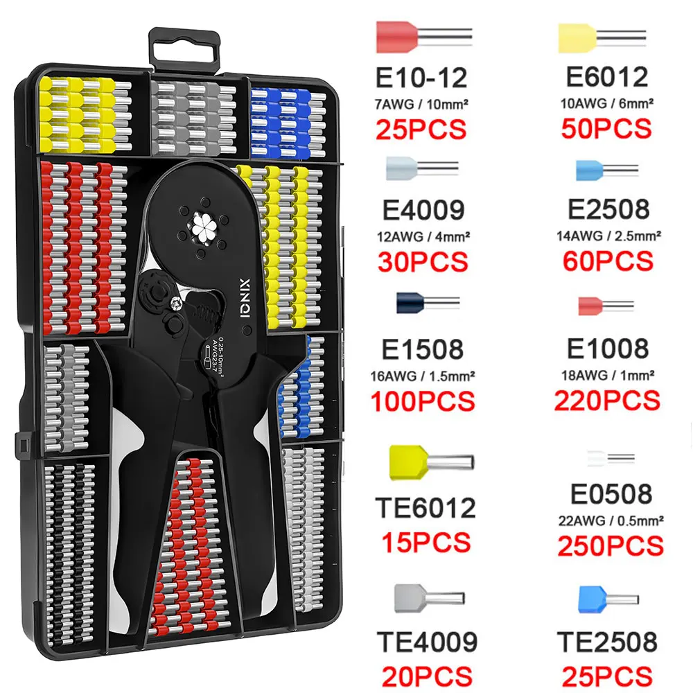 Kit de herramientas de prensado de virola de trinquete autoajustable Hexagonal 23-7AWG 0,25-10 mm2 Kit de prensado con manguitos de virola terminales de cable