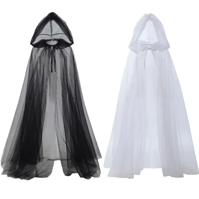 

New 2025 A 1pcs Witch Halloween Costume for Women Hood Tulle Cape Cloak Black White Red Wedding Bridals Floor Length WAQ76