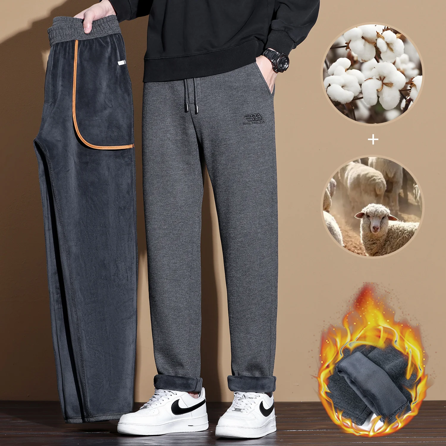 

High Quality Winter Warm Fleece Pants Men Formal Drawstring Elastic Waist Grey Wool Cotton Blended Korea Trousers Male