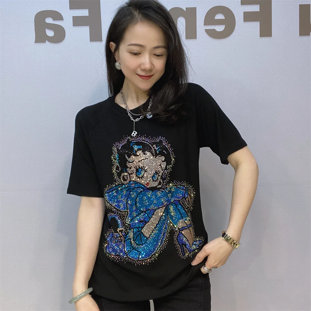 Hot Drilling Short Sleeve Knitted Slim Top Womens Summer Clothes Cartoon Girl Pattern Diamonds Casual Round Neck T-shirts Female