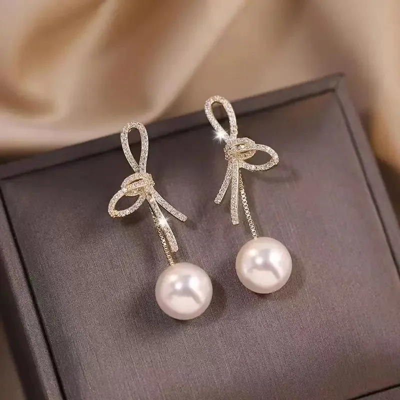 Elegant Micro Zircon Setting Bowknot Pearl Dangle Earring For Women Exquisite Advanced Design Young Girl Gold Color Jewelry