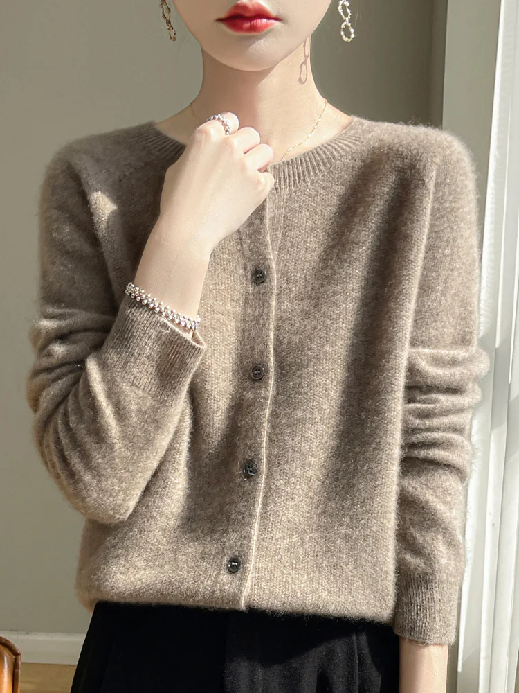 Women O-neck Cashmere Cardigan Spring Autumn Sweater 100% Merino Wool Knitwear Soft Comfort Wool Clothing Elegant Tops