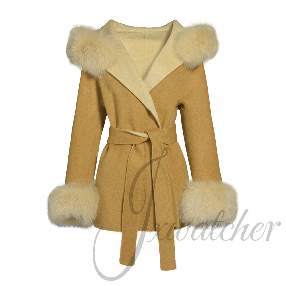 Jxwatcher 양면 울 코트 리얼 폭스 퍼 2025 가을 겨울 패션 후드 코트 여성 패션 루즈 스타일 재킷 신상품