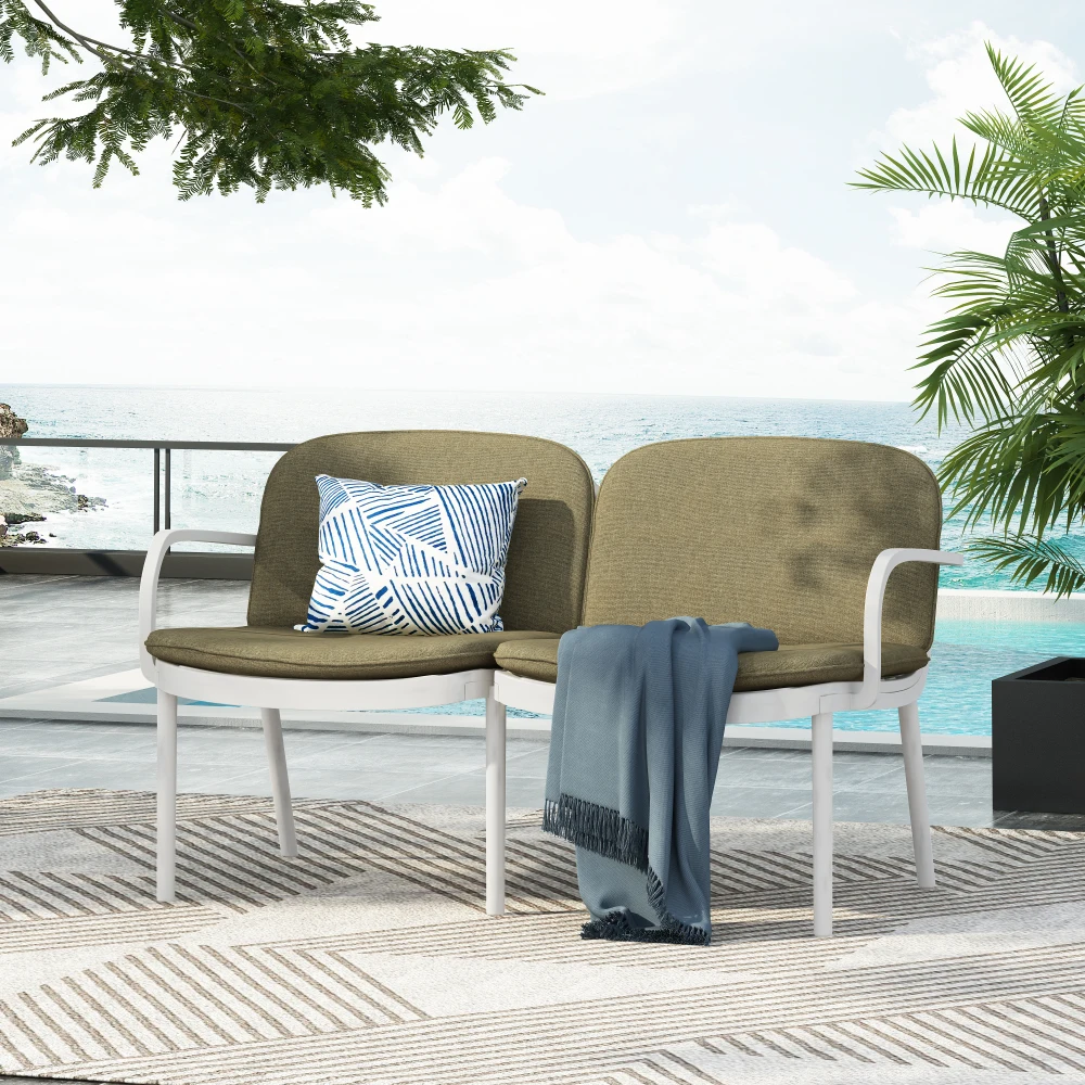 

YQXH Luna Outdoor Patio PP Loveseat, White Frame with Green Cushion