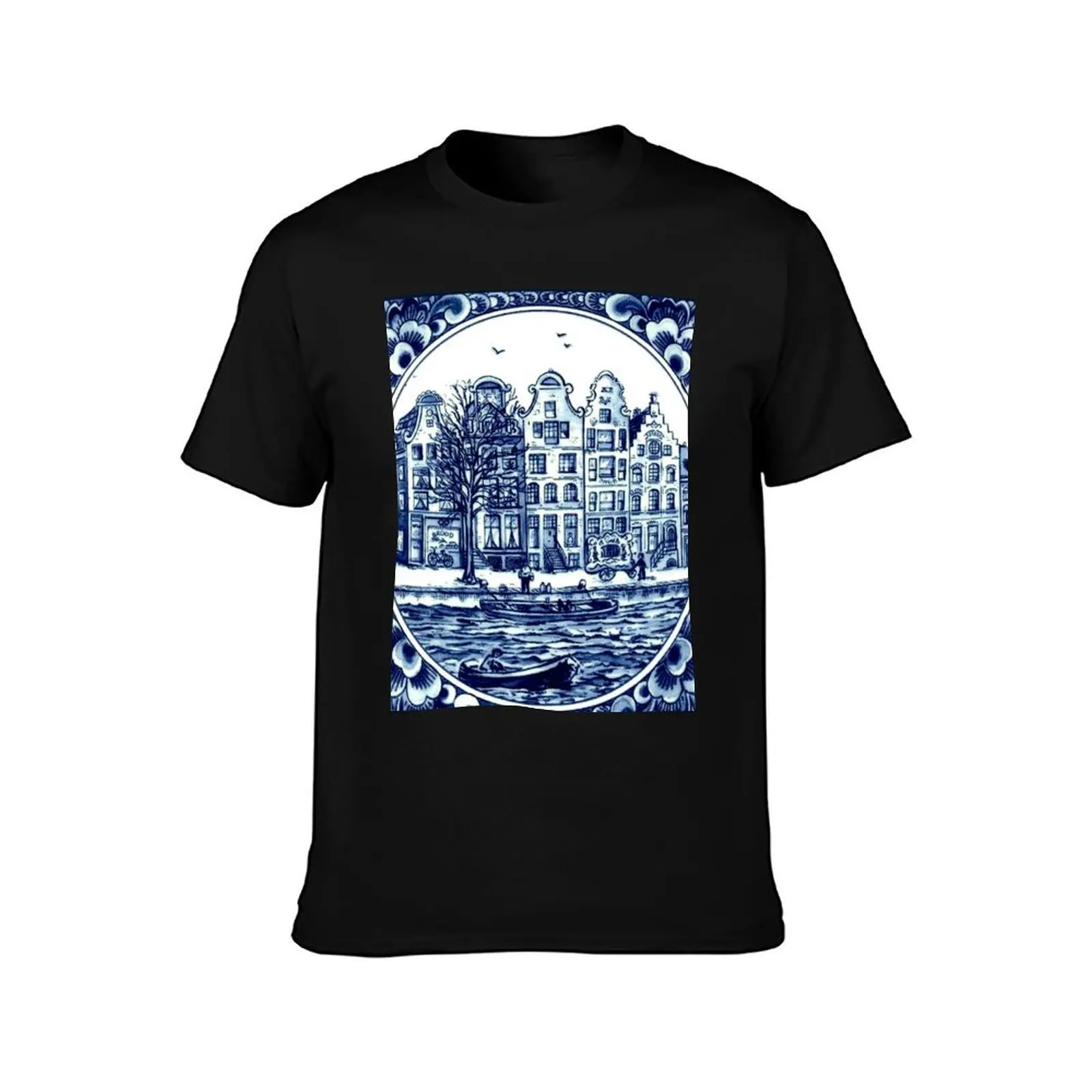 DUTCH BLUE DELFT : Vintage Boats in Canal Amsterdam Print T-Shirt Quick Dry Training Short Sleeve Tee T-Shirt