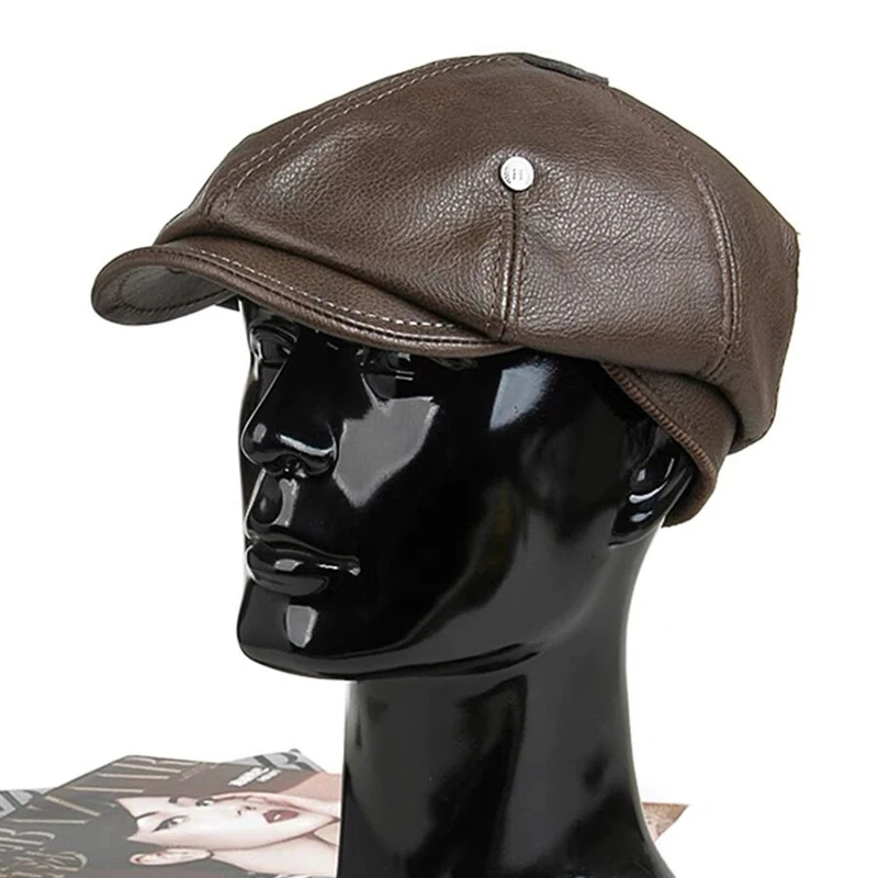 2024 Retro Men's Outdoor Leather Hat Winter Berets Male Warm Cap 100% Genuine Leather Dad Hat Wholesale Leisure Duckbill