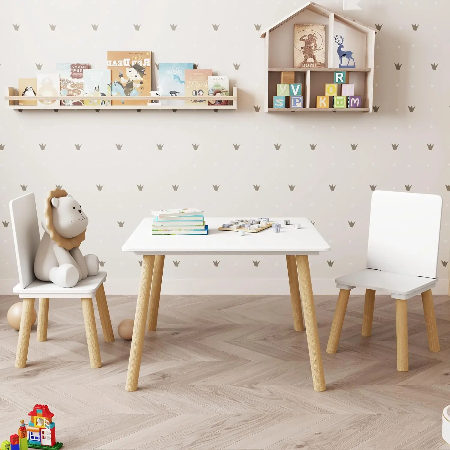Kids Table and 2 Chairs Set, 3 Pieces Toddler Table and Chair Set, Kids' & Chair Sets, Kid Play for Daycare, Classroom, Home (Wh