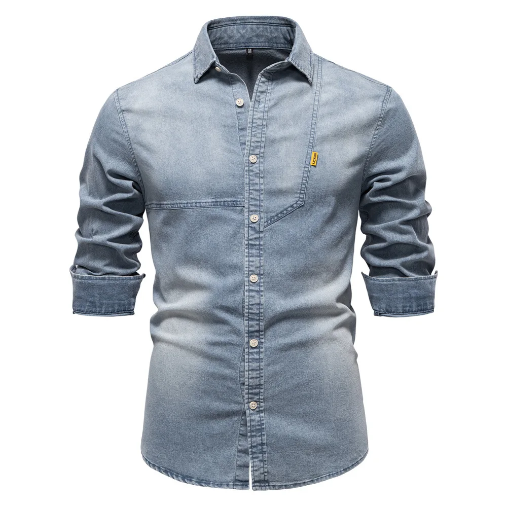 

2025 Fashion Denim Shirt for Men Cotton Casual Long Sleeve Cowboy Shirts High Quality Patchwork Clothing Elastic Men's Shirt