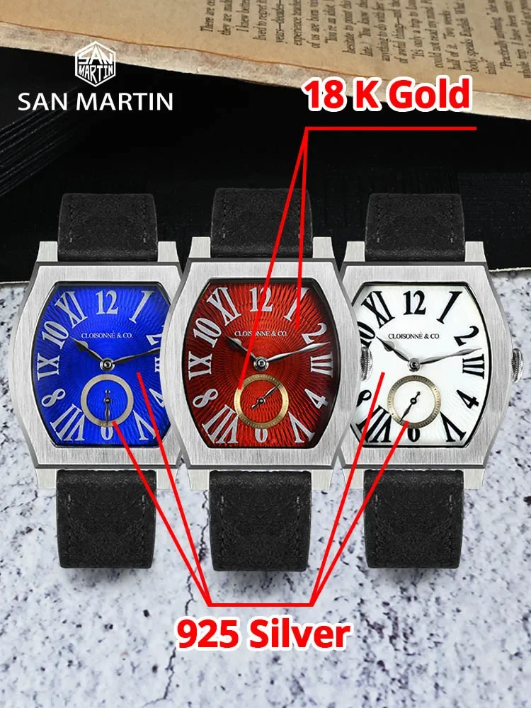 San Martin 36mm ETA 7001 Guilloche Dial Barrel Shaped Enamel Hand Luxury Men's Mechanical Watch Manual Winding Waterproof SN0100