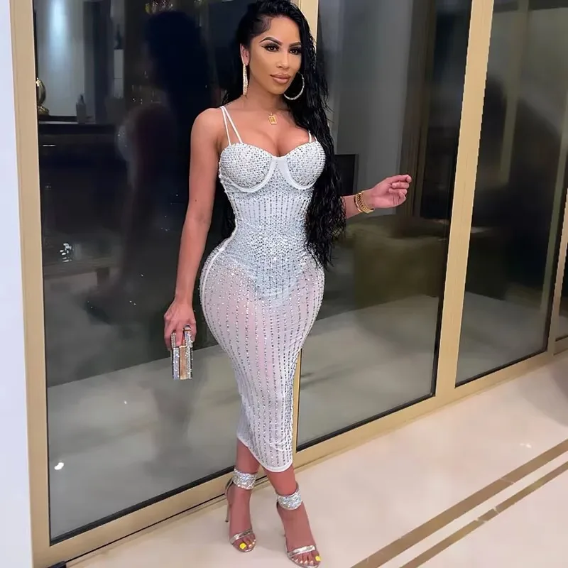 Sexy ver através de strass vestido feminino noite boate festa cinta espaguete sem alças brilhante bodycon midi vestidos aniversário