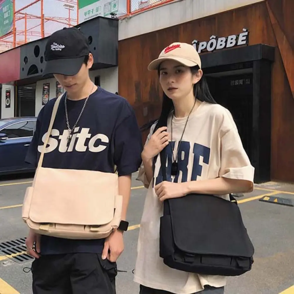 

Cool Black Solid Nylon Bag Large Capcity Solid Color Messenger Bag Multipockets Korean Style Simple Shoulder Bag Travel