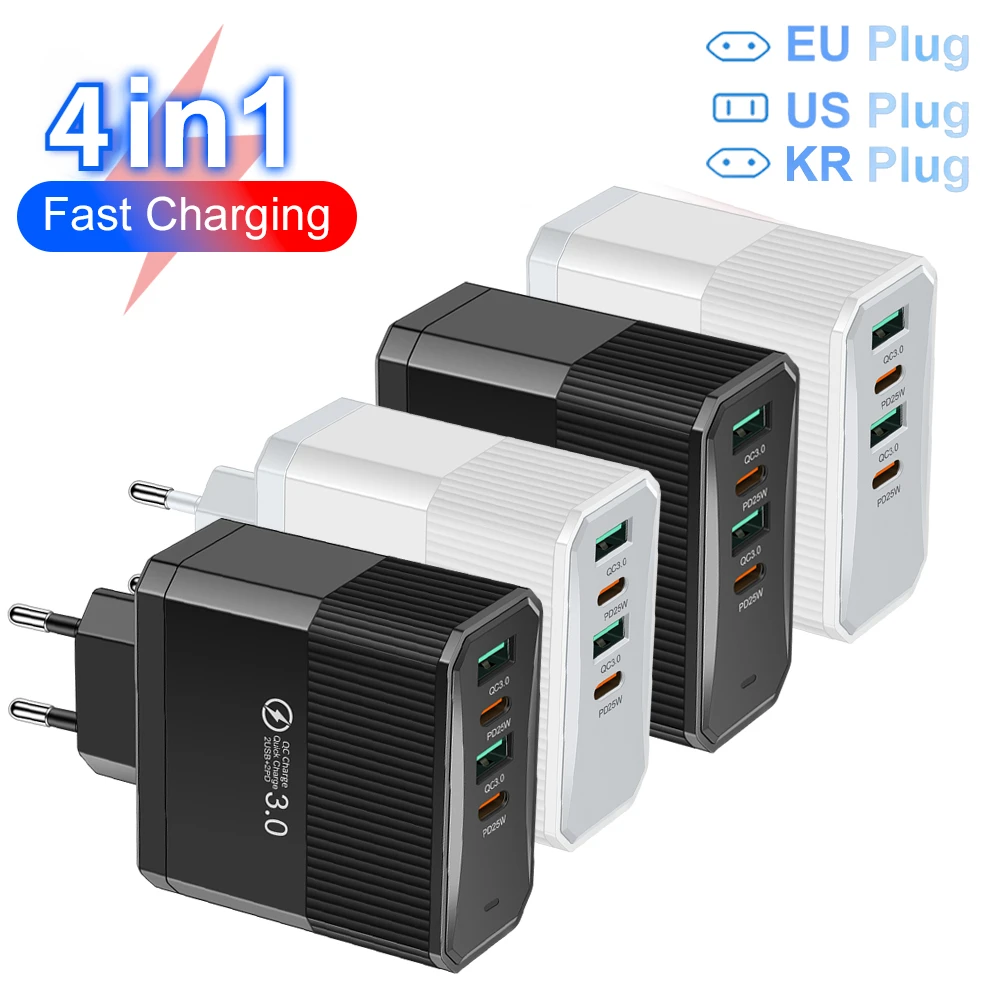 USB C Charger Muti 4 Ports PD Type C Fast Charging Quick Charge QC3.0 PD Wall Power Adapter for IPhone 16 Xiaomi Samsung Oneplus