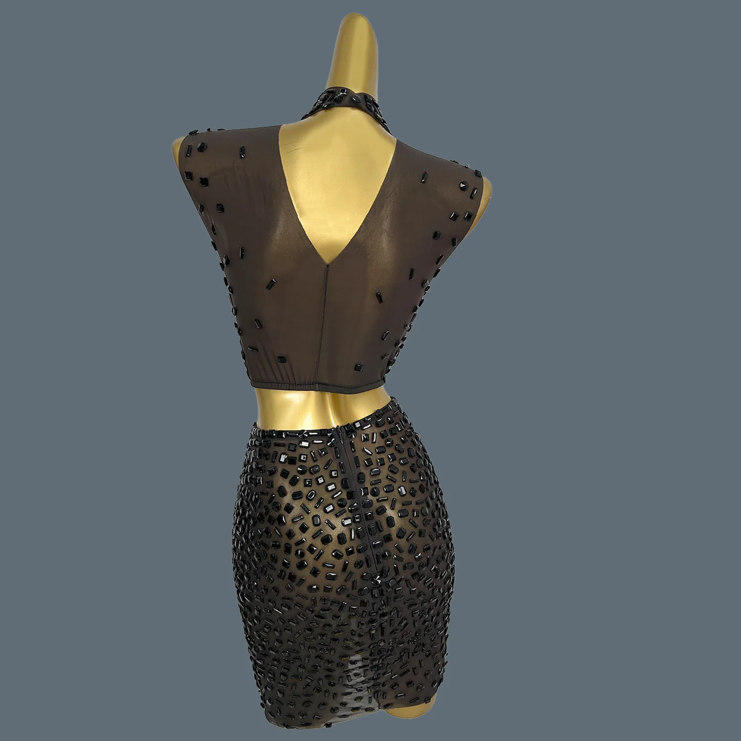 夏キラキラ黒ラインストーンドレススーツセクシーなシアーメッシュ女性クロップトップミニスカート2ピースセット誕生日パーティー衣装bingkuai