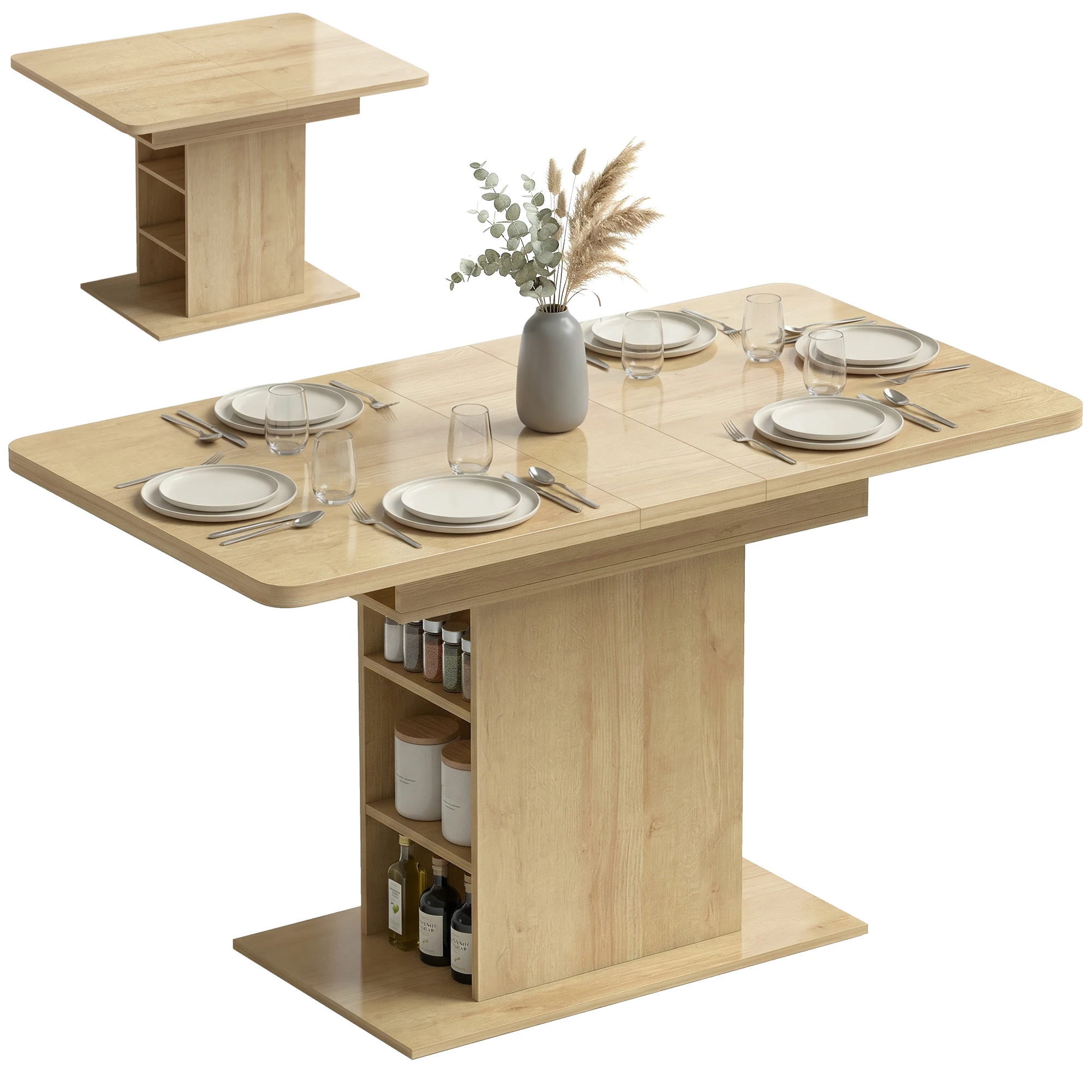 HOMCOM Table à manger extensible rectangle pour 4 à 6 personnes, table de cuisine 110-130 cm, 6 étagères ouvertes, bois naturel