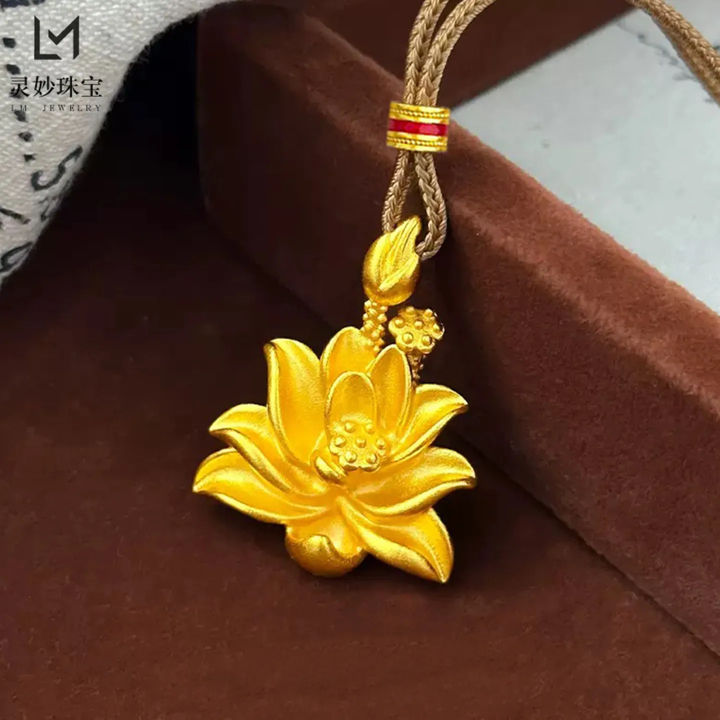 

Luxury 24K 9999 Pure Gold real gold Women's Bodhi Two World Lotus Pendant Necklace Lotus Pendant