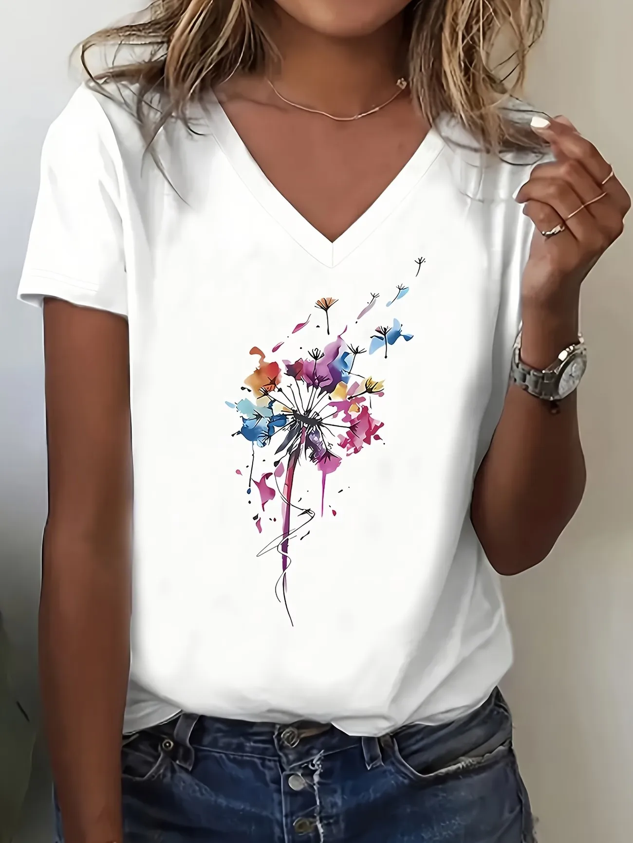 Trendy Vintage Flower T-shirt V Neck Casual Fashion Y2k Printed T Shirts Women Short Sleeve Tee Shirt V-Neck Summer Spring