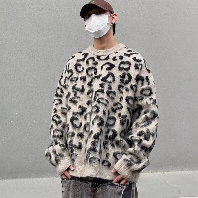 

Свободный крой круглый трикотаж Ne, свитер из искусственного меха с леопардовым принтом для мужчин, осень-зима, большие размеры, удобный ленивый американский сле
