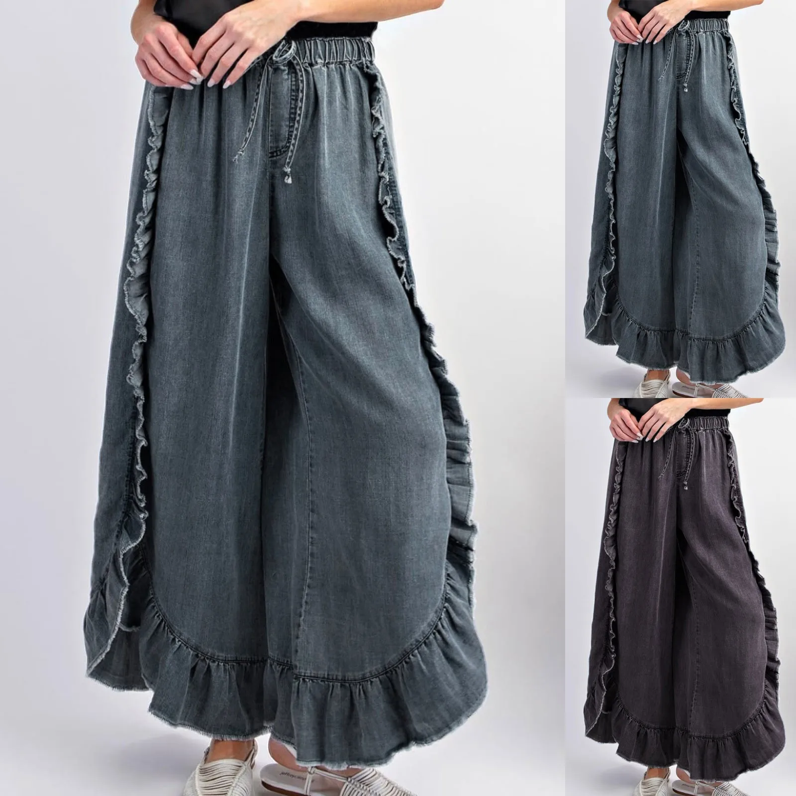 

Women's Long Pants Jeans Flared Elastic Waist Wide Leg Pants Brushed Linen Jeans Flowing Women Pants Casual Work plus Size