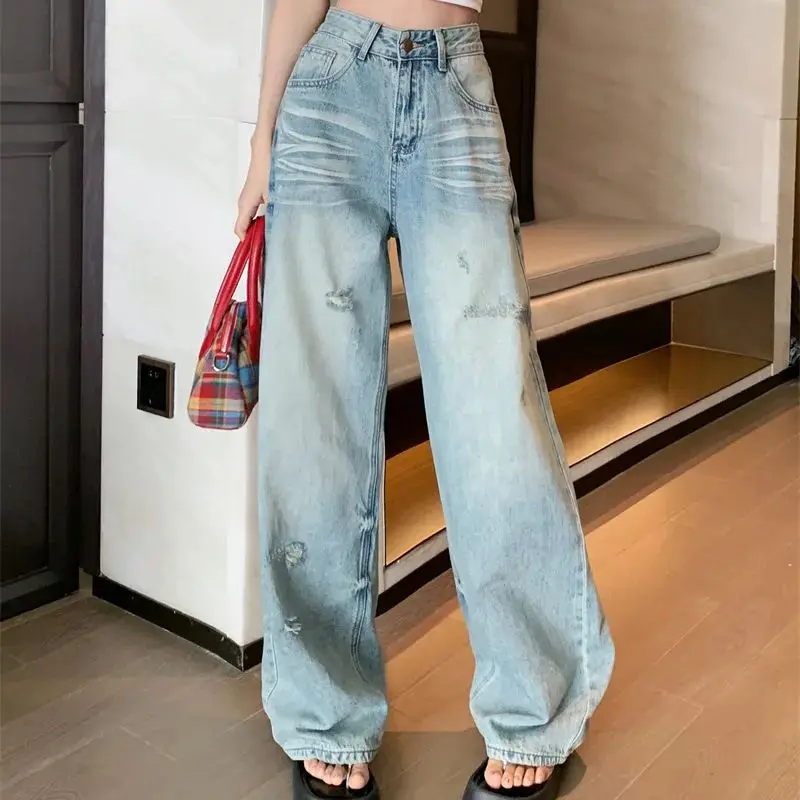 Retro casua l high waist straight washed blue ripped wide leg jeans loose floor mopping pants