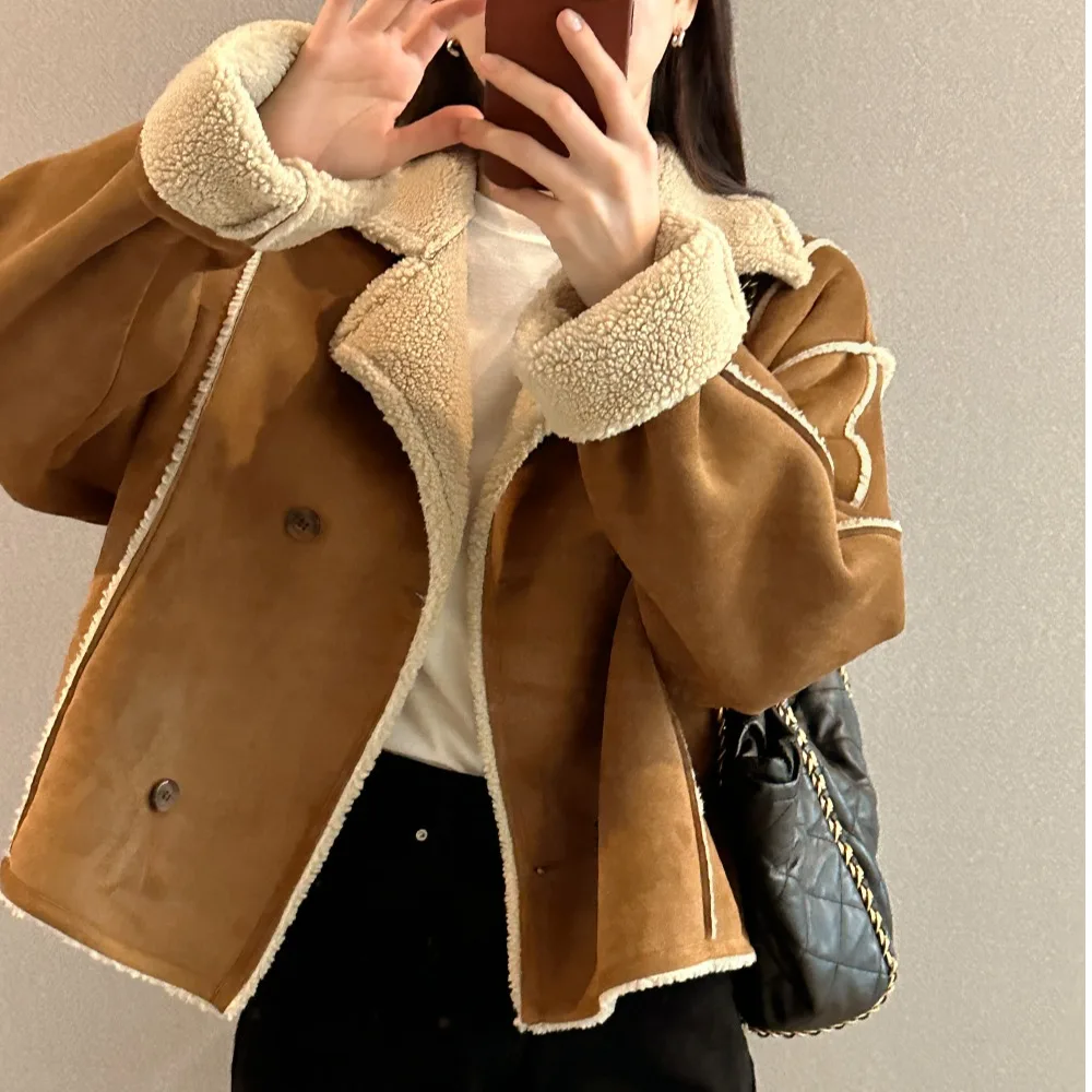 Korean Style Winter Long Sleeve Double Breasted Versatile Suit Collar Pure Color Suede Jacket Women's Fashion Premium Quality