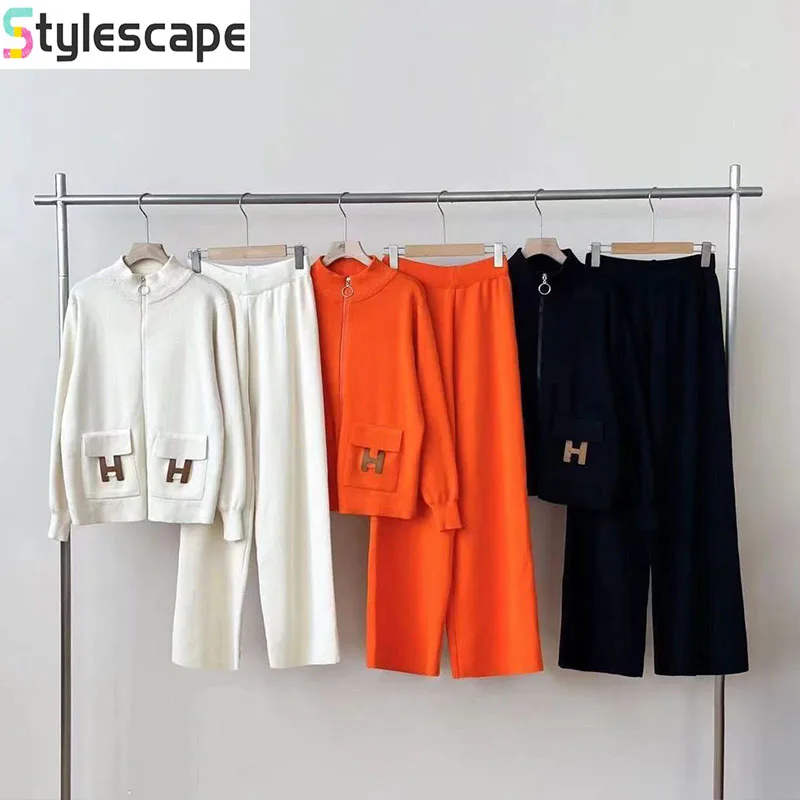 2024 New Pocket Letter Zipper Cardigan Wide Leg Pants Knitted Two Piece Fashion Versatile Set for Women Women Two Piece Outfits