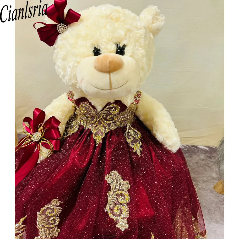 Burgundy Personalized Quinceanera Teddy Bear Dress Gold Lace Applique Beaded Custom Made Little Teddy Bear Dress customsized