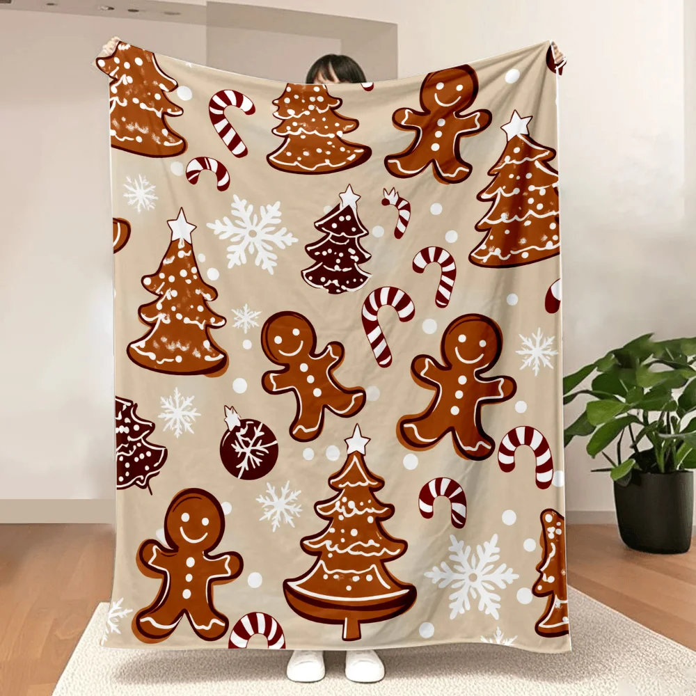 1PC Christmas Gingerbread Man and Tree Print Blanket — Made of soft plush flannel, it's perfect for sofas, beds, or loungers. It