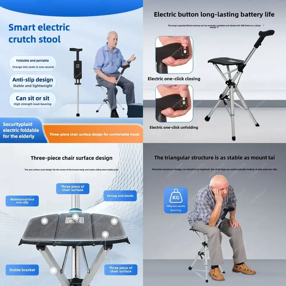 

1 pcs Electric Foldable Anti-slip Cane Stool for Elderly for Mobility Aid for Walking Stick for Seniors for Disabled