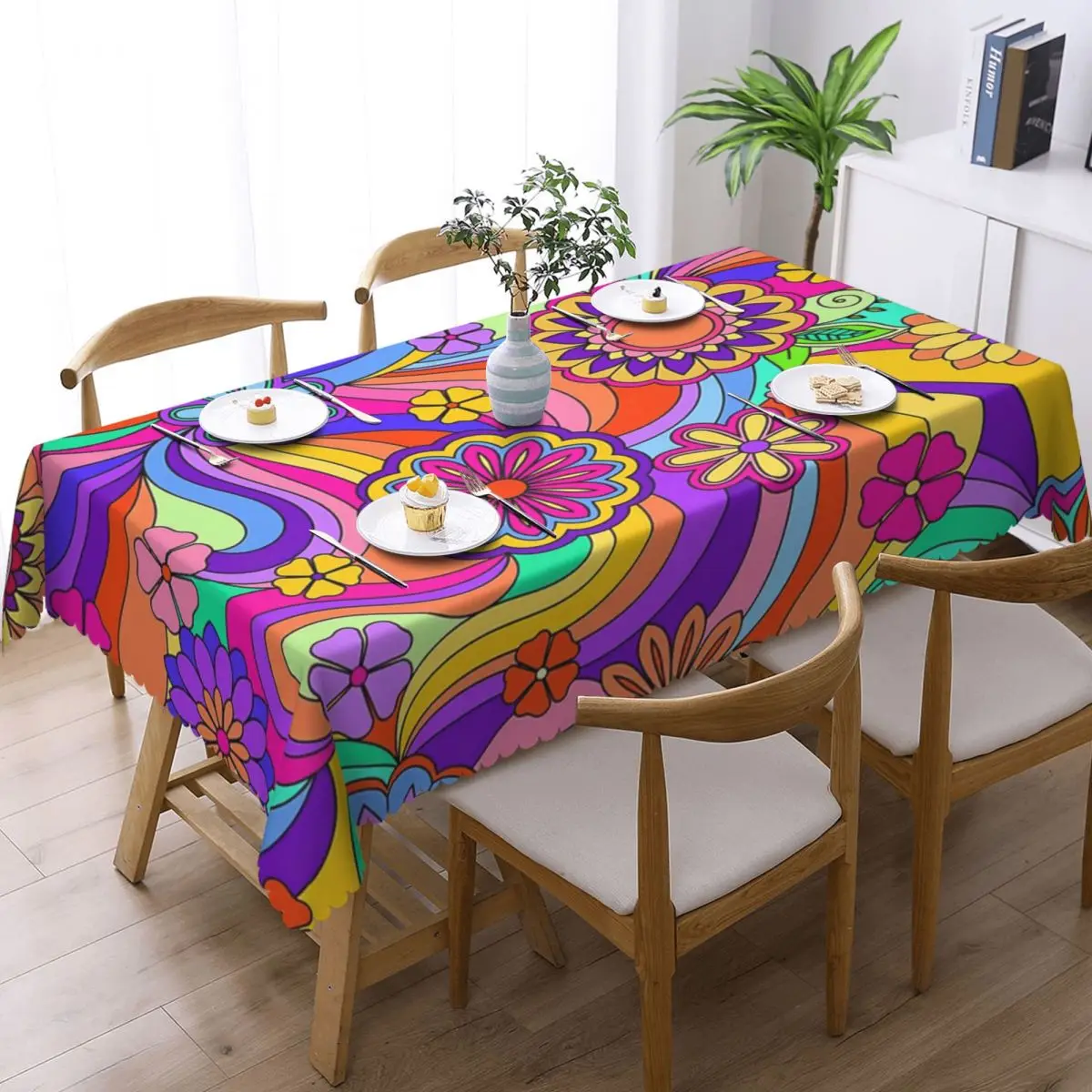 Groovy Psychedelic Flower Power Rectangular Tablecloth Waterproof Table Cover for Festival Party Decorations Table Cloth