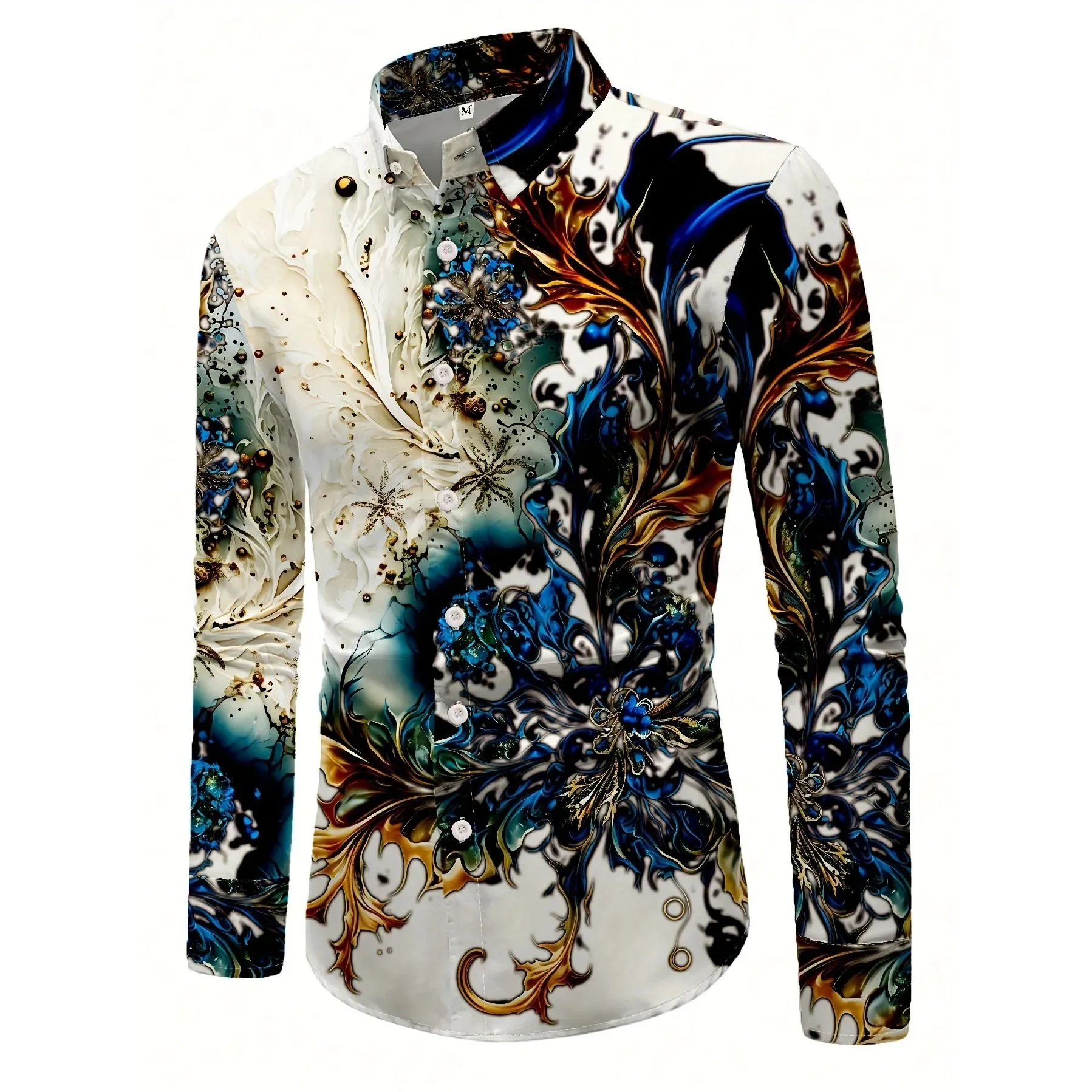Men's Geometric Patterned Casual Button-Down Shirt Polyester Thickened Fleece Lined  Collar Nine-Quarter Sleeve