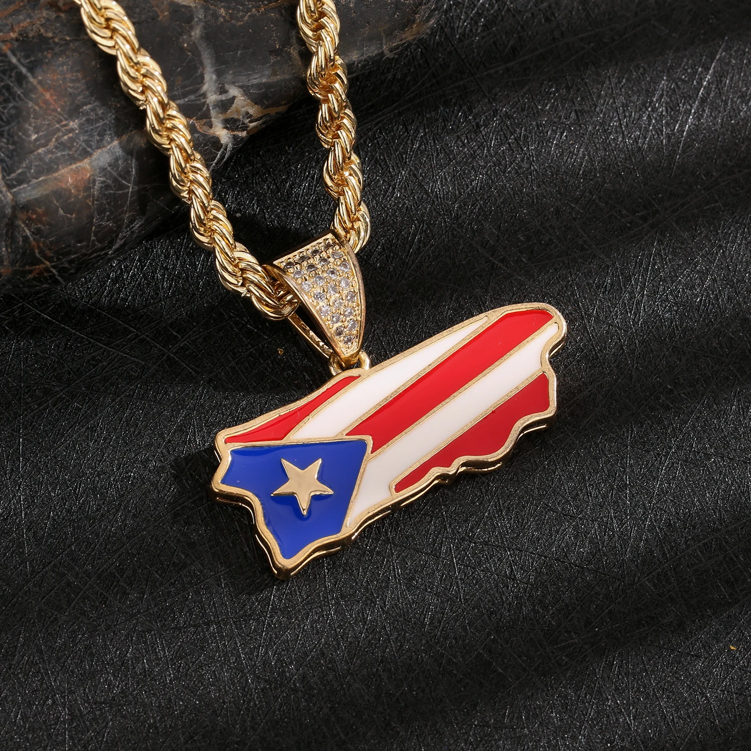 European and American high quality 14K gold-plated zircon copper Puerto Rican flag pendant without chain