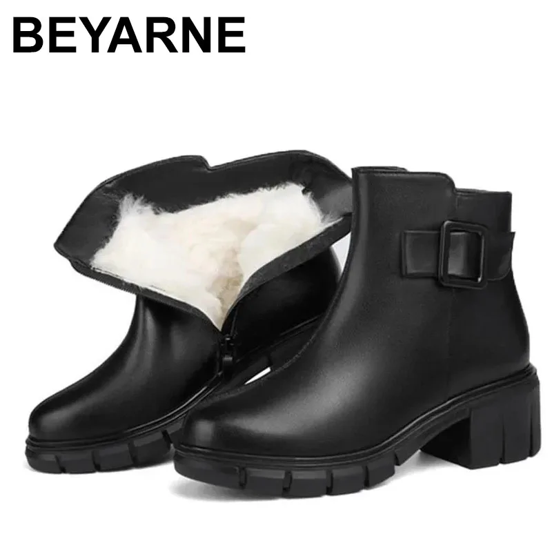 

2025 женские ботинки, зимняя обувь, женские ботильоны из натуральной кожи в британском стиле, модные теплые шерстяные женские полусапожки на высоком каблуке