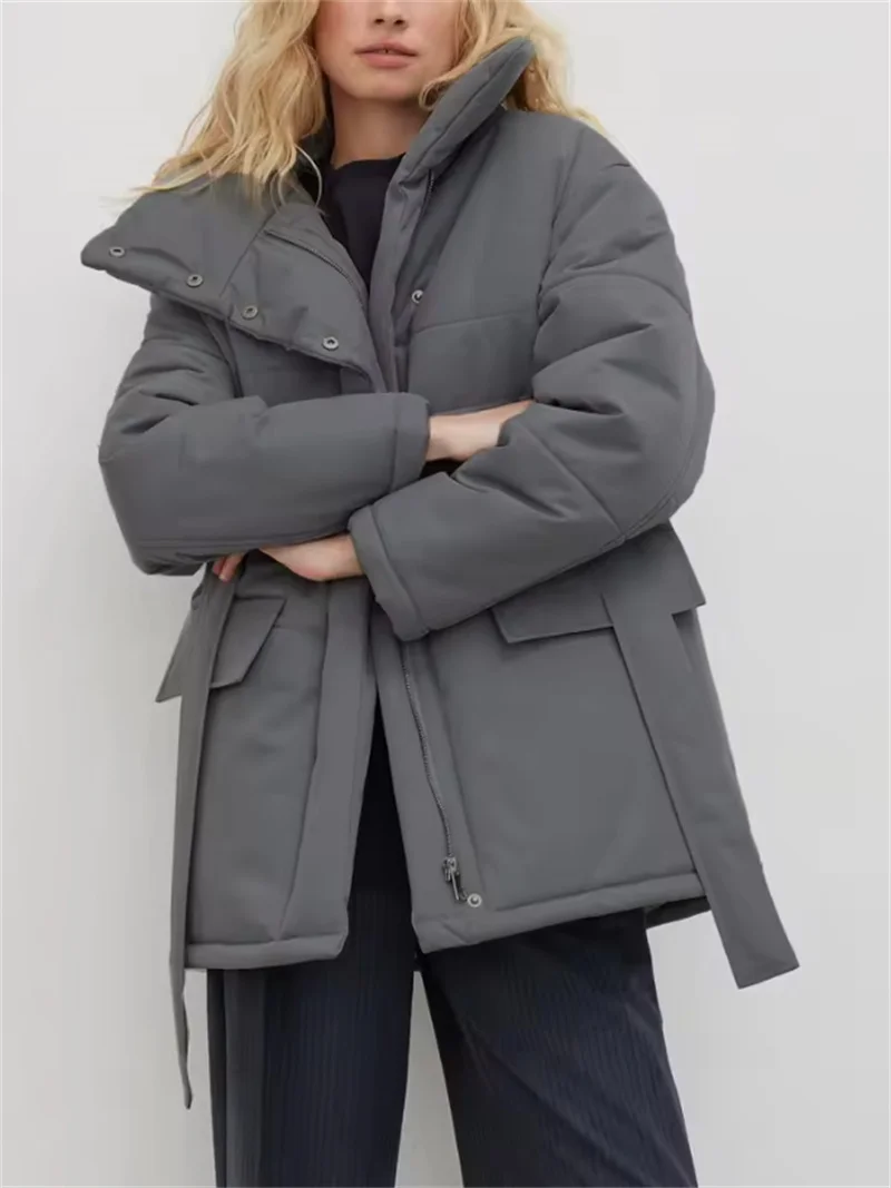 سترات نسائية دافئة من القطن منتفخة سترة مبطنة للنساء معطف شتوي فضفاض سترات خارجية بحزام عتيق سترات مكتبية للأسفل