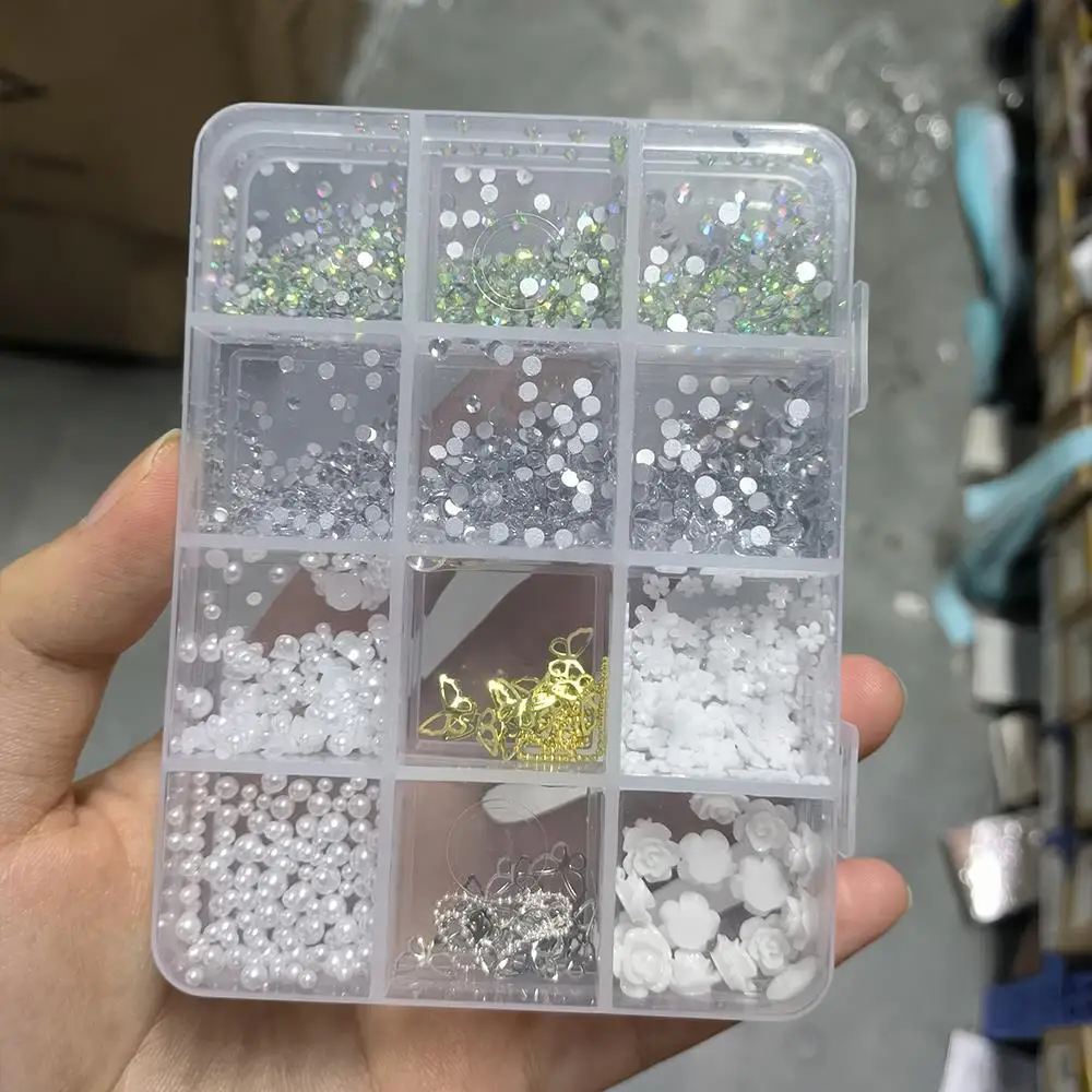 12Grids 3D Mixed Bowknot Flower PNail Charms Simulation Pearl Beads Ribbon Y2K Nail Art Decoration DIY Crafts Manicure Accessory