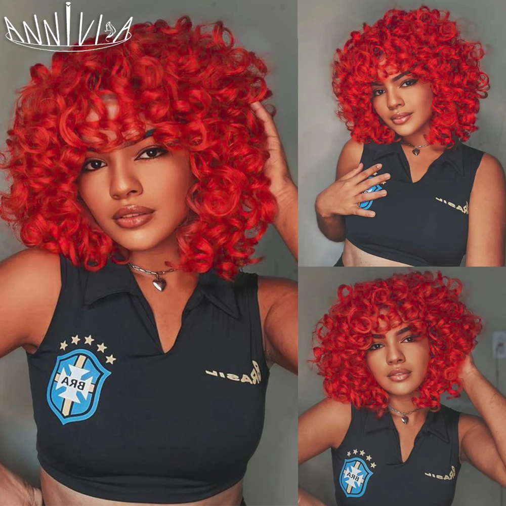 Red Curly Wig With Bangs For Black Women Short Afro Kinky Curly Wig Synthetic Natural Ombre Blonde Brown Cosplay Wig