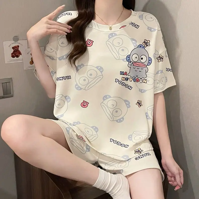 Sanrio Hangyodon Pajamas 2 Piece Kawaii Pyjamas Y2K Shorts Short Sleeve Sleepwear Summer Pijama Cartoon Nightgown Home Wears New