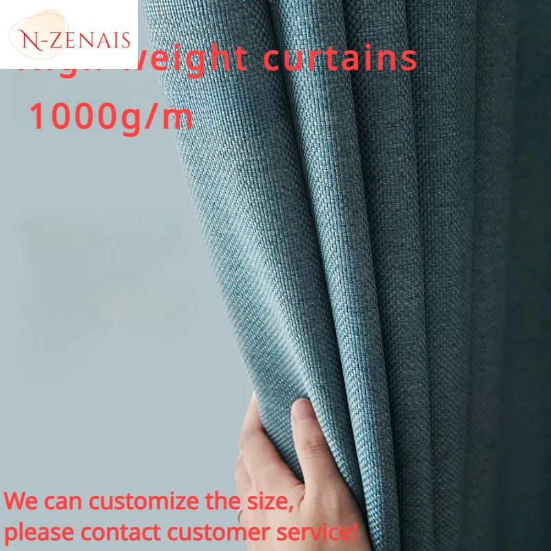 Custom Size Cotton Linen Blue  Blackout Curtains for Living Room Bedroom Dining Luxury Kitchen Modern Window Thicken Fabric Sale