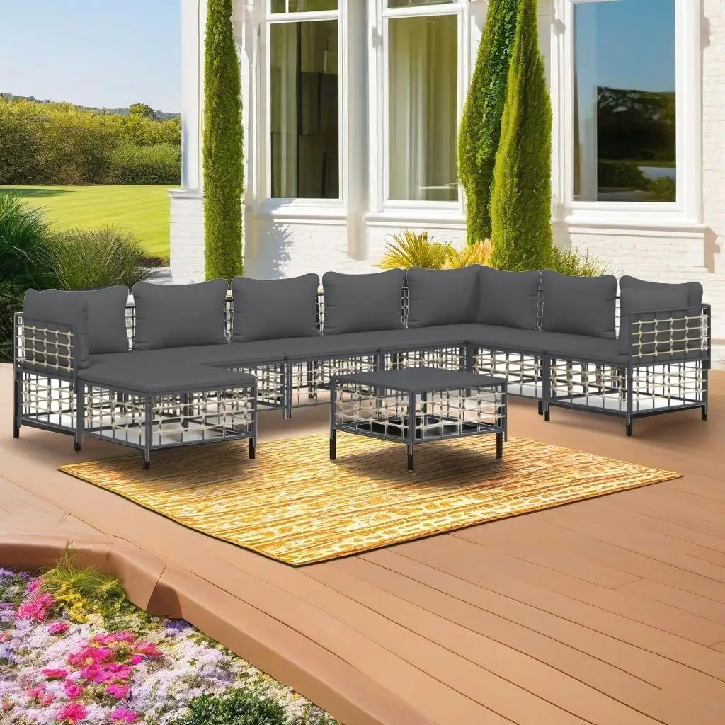 9-Piece Anthracite Poly Rattan Patio Lounge Set with Cushions - Outdoor Furniture for Garden & Balcony