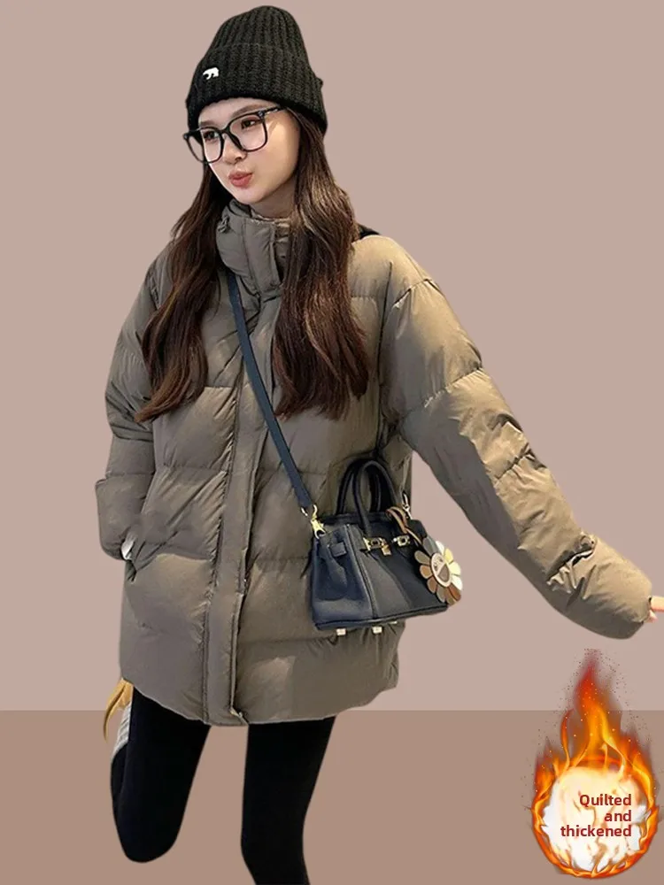 

Puffer Cotton Jacket Women Winter Thickened Bread Style Coat Korean Version Loose Fit Long Sleeve Zipper Closure Color