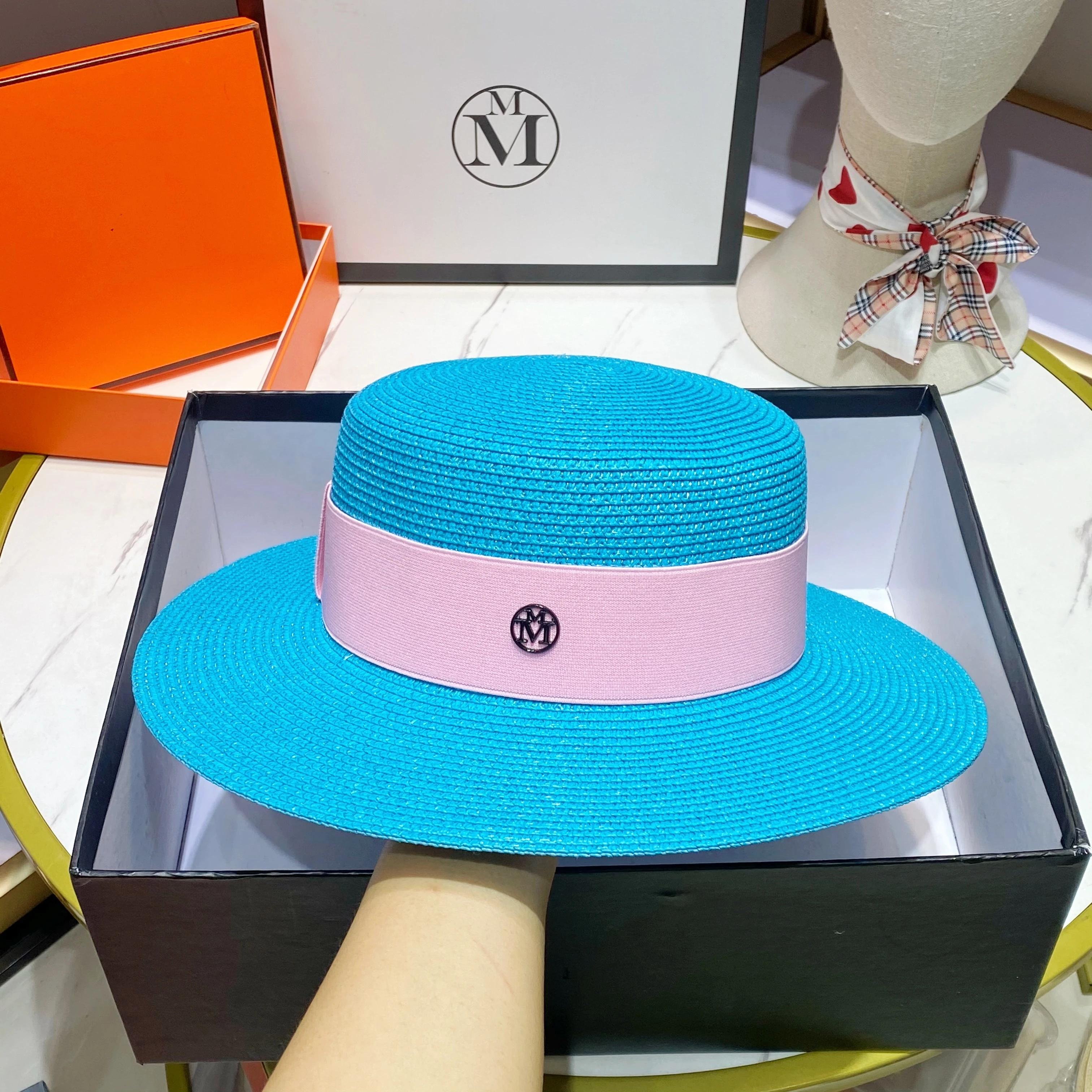 Orange Straw Hat 2023 Colorful Elastic Ribbon Accessories Women\'s Summer Flat Top Straw Hat Sun hat шляпа